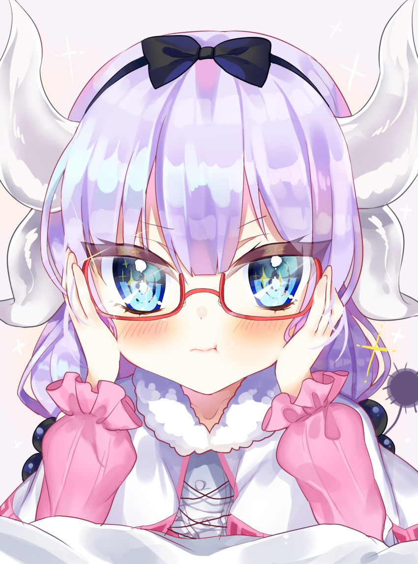 &gt;:t 1girl :t bangs beads bespectacled blue_eyes blunt_bangs blush capelet closed_mouth dragon_horns dragon_tail face frilled_capelet fur_trim glasses gradient_hair hair_beads hair_ornament hairband highres horns kanna_kamui kobayashi-san_chi_no_maidragon lavender_hair looking_at_viewer low_twintails multicolored_hair pink_lips pout red-framed_eyewear solo tail twintails under-rim_eyewear yayoichi_(yoruyoru108)