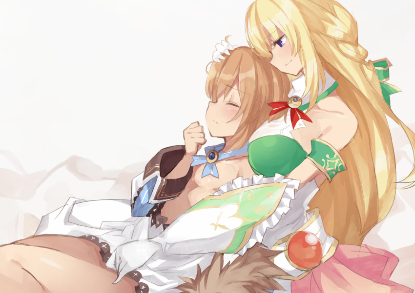 2girls bare_shoulders blanc blancpig_yryr blonde_hair blue_eyes breasts brown_hair closed_eyes from_side hand_between_legs hand_on_another's_head large_breasts long_hair multiple_girls neptune_(series) short_hair small_breasts smile undressing vert very_long_hair yuri