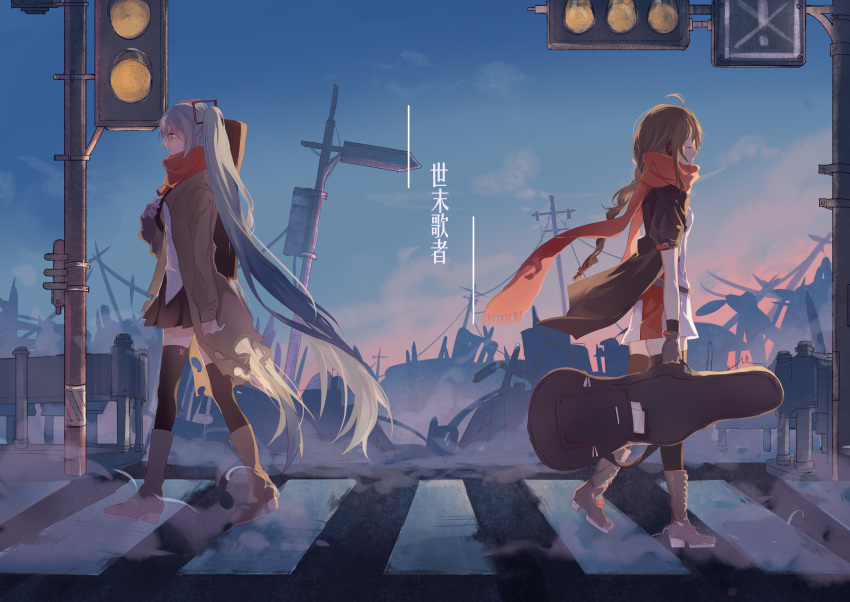2girls absurdly_long_hair absurdres ahoge black_gloves black_legwear black_skirt blue_eyes blue_hair boots brown_footwear brown_gloves brown_hair closed_eyes crosswalk facing_away gloves guitar_case hatsune_miku high_heel_boots high_heels highres instrument_case knee_boots long_hair looking_to_the_side multiple_girls power_lines red_scarf ruins scarf skirt standing sumery thigh-highs traffic_light translation_request twintails very_long_hair vocaloid yuezheng_ling