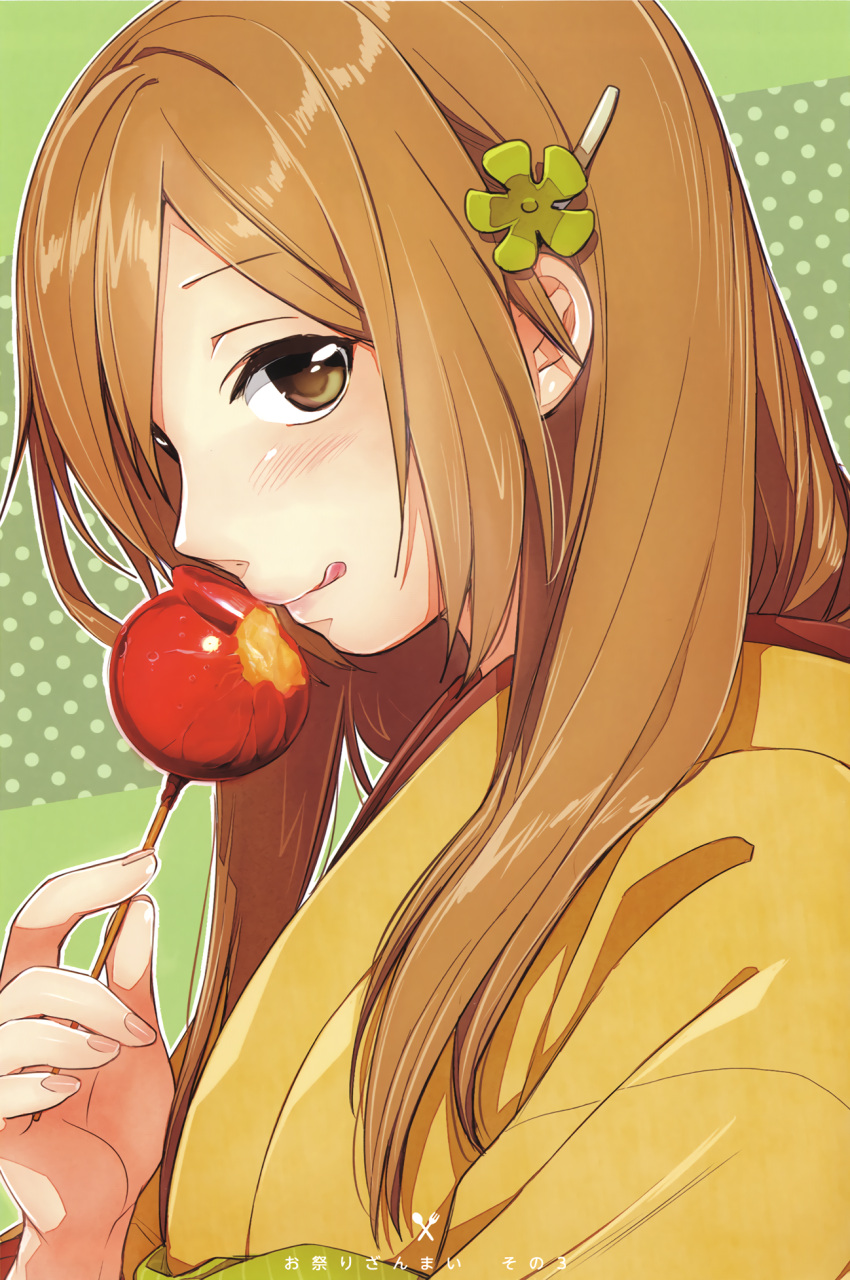 1girl blush candy_apple closed_mouth eyebrows_visible_through_hair fingernails flower food from_side hair_flower hair_ornament hairclip hand_up hands highres holding japanese_clothes kawai_makoto kimono koufuku_graffiti licking_lips light_brown_hair long_hair looking_at_viewer profile sash shiina_(koufuku_graffiti) shiny shiny_hair solo tongue tongue_out translation_request upper_body yellow_eyes yellow_kimono