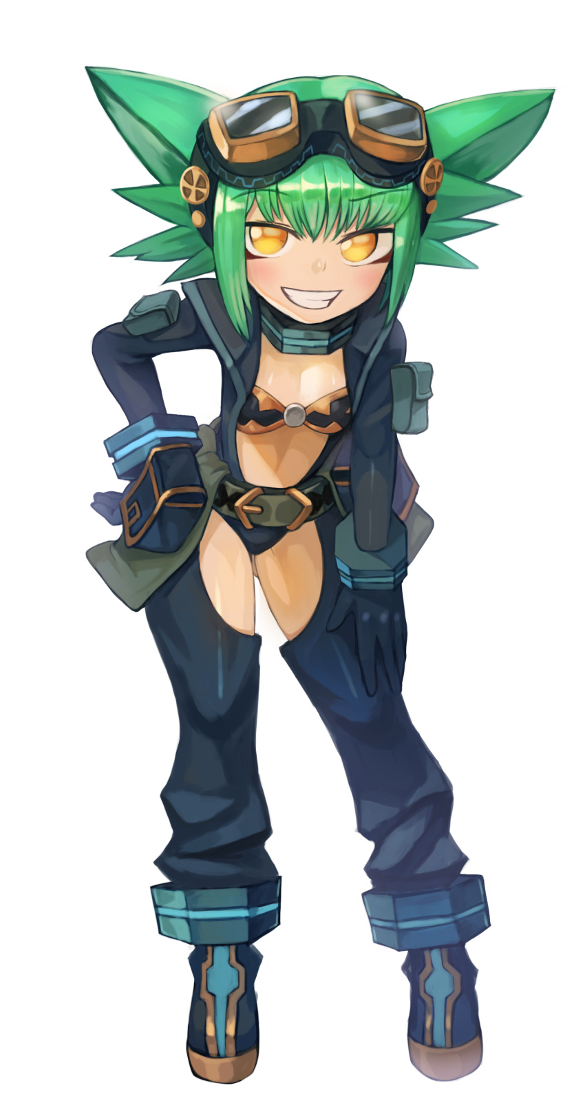 1girl :d absurdres animal_ears anklet bangs belt belt_buckle blue_gloves blue_jacket blue_pants blush boots bra bracelet breasts buckle choker commission eyebrows_visible_through_hair full_body gloves gluteal_fold goggles goggles_on_head green_hair gremlin_(monster_girl_encyclopedia) grin hand_on_hip hand_on_leg highres jacket jewelry leaning_forward long_sleeves looking_at_viewer monster_girl_encyclopedia no_pupils open_clothes open_jacket open_mouth open_pants panties pants pouch short_hair simple_background small_breasts smile solo sookmo standing underwear white_background yellow_eyes