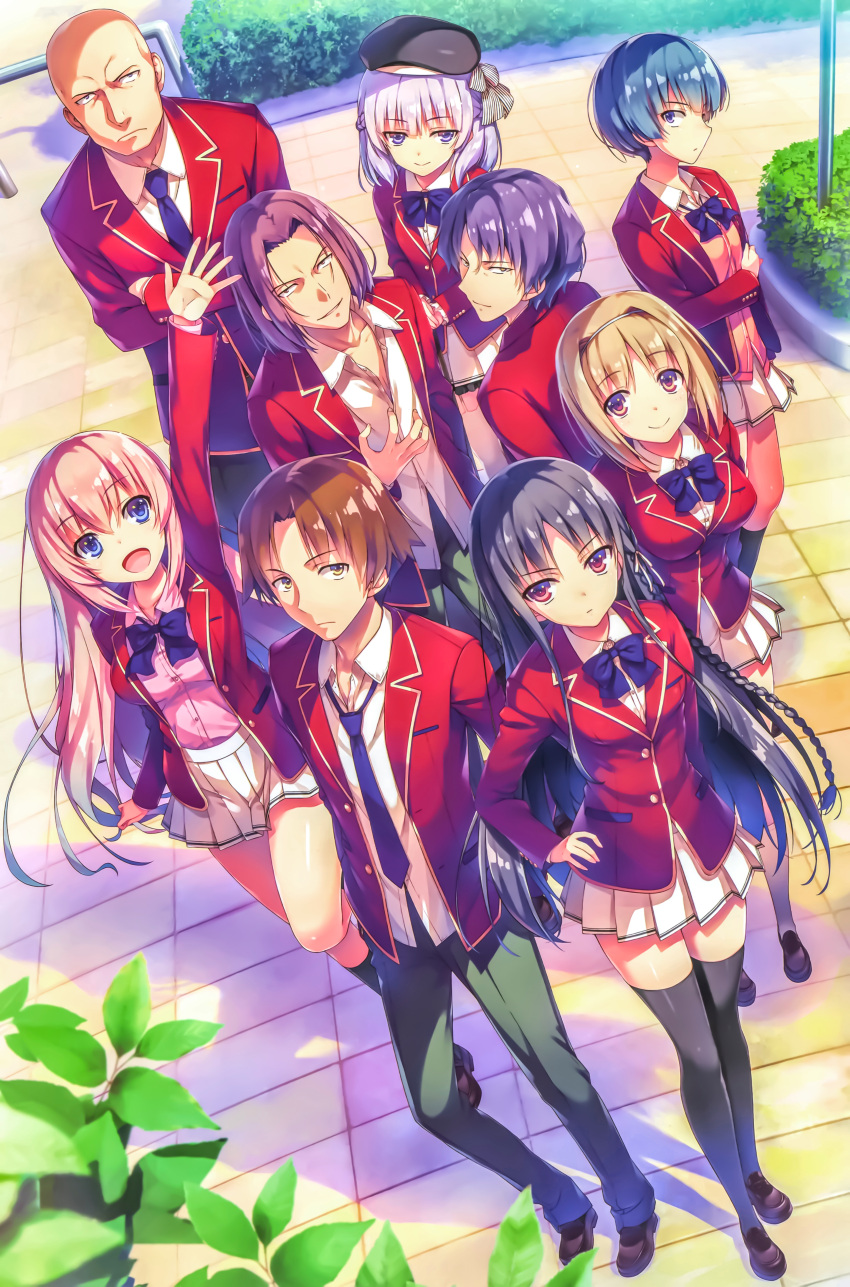 4boys 5girls absurdres arms_up ayanokouji_kiyotaka bald bangs black_hair black_legwear blazer blue_eyes blue_hair bow bowtie brown_eyes brown_hair crossed_arms eyebrows_visible_through_hair hand_on_hip hat highres horikita_suzune huge_filesize ibuki_mio ichinose_honami_(youjitsu) jacket katsuragi_kouhei kushida_kikyou lavender_hair long_hair looking_at_viewer multiple_boys multiple_girls necktie official_art open_mouth outdoors pants pink_hair red_eyes ryuuen_kakeru sakayanagi_arisu school_uniform serious shirt shoes short_sleeves smile thigh-highs tomose_shunsaku youkoso_jitsuryoku_shijou_shugi_no_kyoushitsu_e zettai_ryouiki