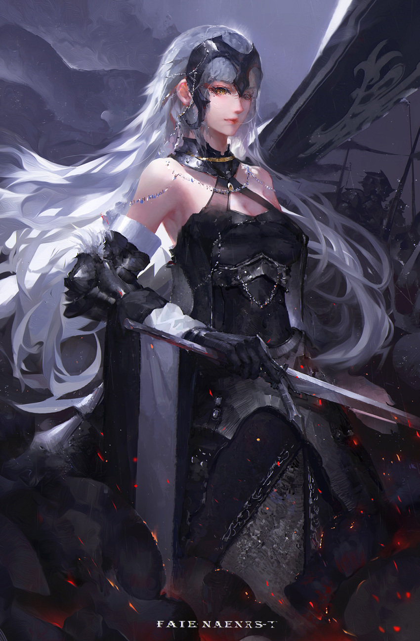 1girl aenrs bare_shoulders breasts chains cleavage cleavage_cutout cowter fate/grand_order fate_(series) gloves headpiece helmet highres jeanne_alter lips long_hair plackart polearm ruler_(fate/apocrypha) solo spear standard_bearer sword weapon white_hair wind yellow_eyes