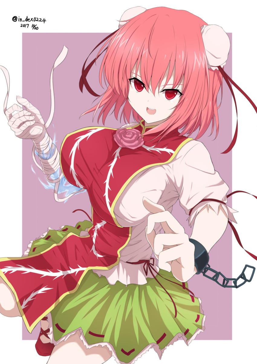 &gt;:d 1girl :d absurdres bandage bandaged_arm bangs breasts bun_cover chains chinese_clothes cowboy_shot cuffs double_bun flower furiruno green_skirt hair_bun highres ibaraki_kasen large_breasts looking_at_viewer open_mouth pink_eyes pink_hair pink_rose rose shackles short_hair skirt smile solo tabard touhou twitter_username