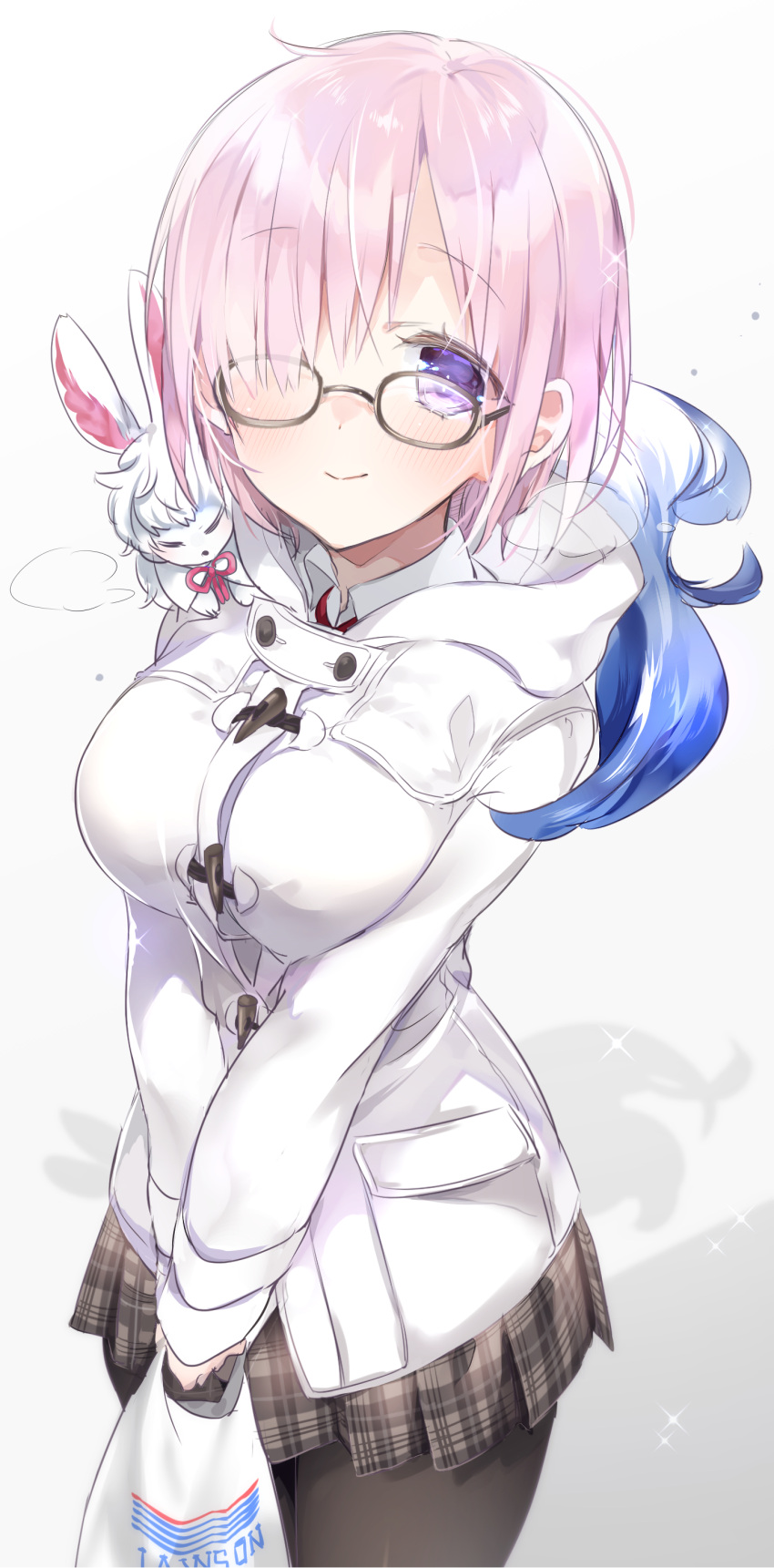 1girl absurdres alternate_costume blush breasts coat fate/grand_order fate_(series) fou_(fate/grand_order) glasses hair_over_one_eye highres large_breasts lawson pantyhose plaid purple_hoodie shielder_(fate/grand_order) short_hair sino_(sionori) skirt smile solo v_arms white_background winter_clothes