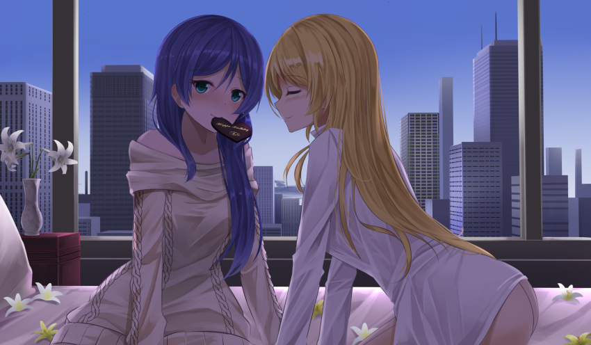 2girls aqua_eyes ayase_eli bed blonde_hair blouse blue_eyes blush chocolate chocolate_heart cityscape closed_eyes commentary flower heart highres lily_(flower) long_hair love_live! love_live!_school_idol_festival love_live!_school_idol_project multiple_girls orein purple_hair smile sweater toujou_nozomi window yuri