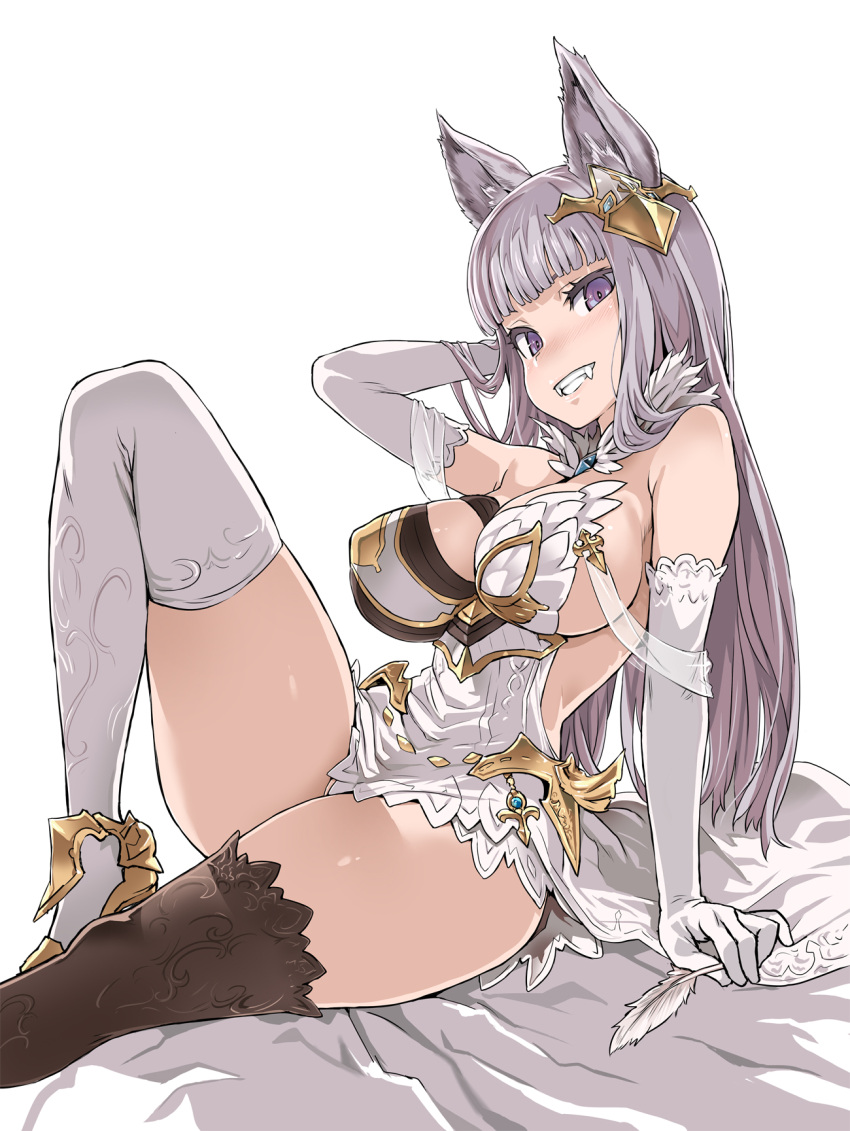 1girl animal_ears arm_at_side arm_support arm_up asanagi asymmetrical_clothes bangs bare_shoulders black_legwear blunt_bangs blush breasts cat_ears elbow_gloves enty_reward erun_(granblue_fantasy) fangs feathers gloves granblue_fantasy grin hair_ornament hand_behind_head high_heels highres korwa large_breasts leaning_back long_hair looking_at_viewer mismatched_legwear quill sideboob silver_hair sitting smile solo thigh-highs thighs violet_eyes white_gloves white_legwear