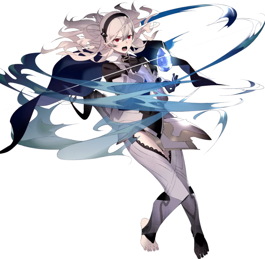 1girl armor attack barefoot blush bthx cape feet female_my_unit_(fire_emblem_if) fire_emblem fire_emblem_heroes fire_emblem_if full_body hairband highres long_hair my_unit_(fire_emblem_if) official_art open_mouth pointy_ears red_eyes stone white_hair