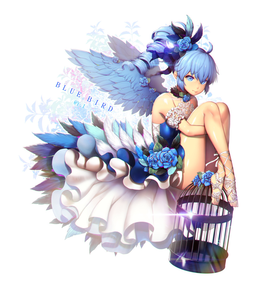 1girl absurdres bare_shoulders birdcage blue_eyes blue_hair blue_rose blush cage closed_mouth collarbone drill_hair flower hair_flower hair_ornament highres long_hair looking_at_viewer original ponytail rose solo y.i._(lave2217)