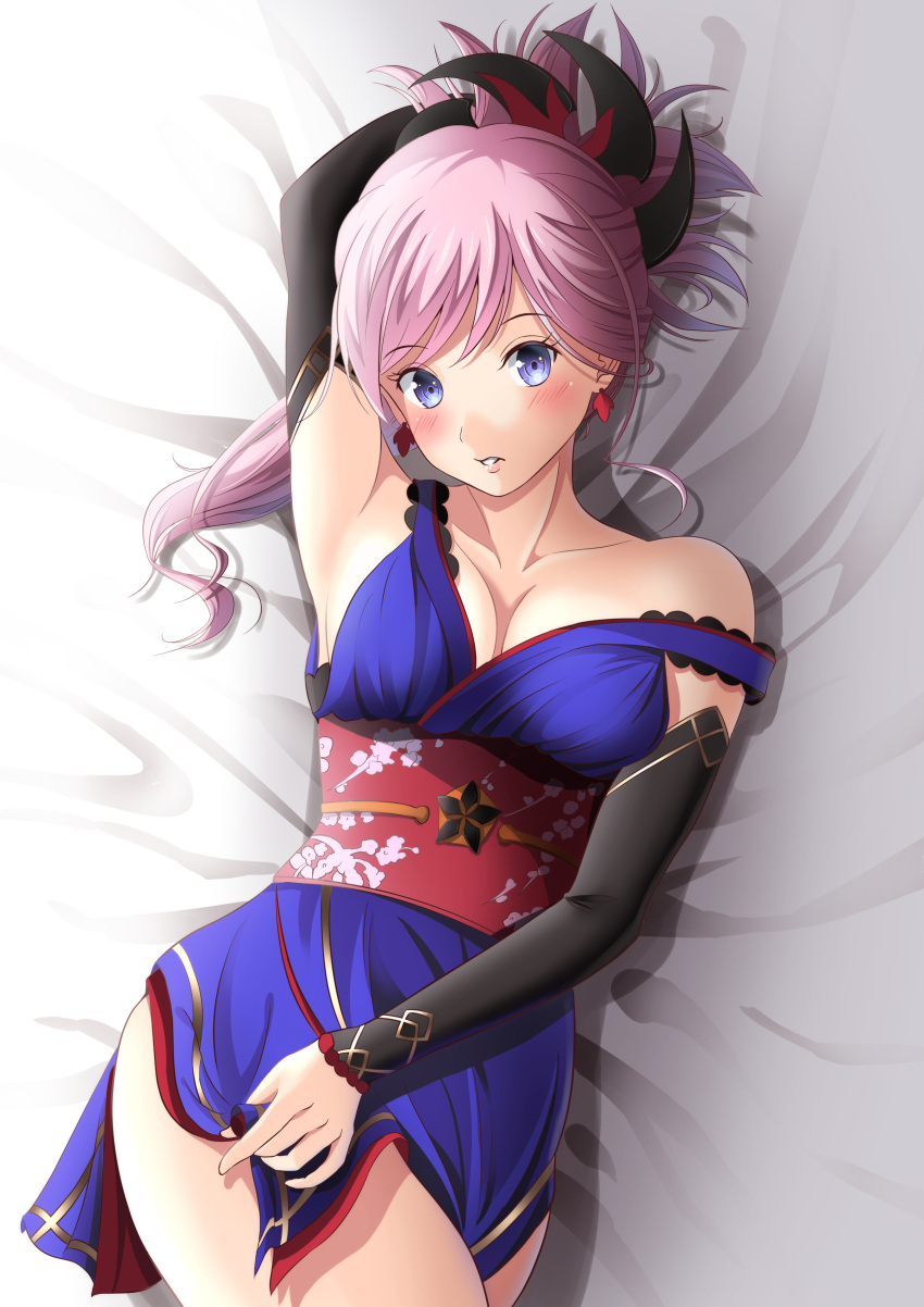 1girl absurdres armpits bed blue_eyes blush breasts cleavage collarbone detached_sleeves earrings fate/grand_order fate_(series) furan_(pixiv20237436) hair_ornament highres japanese_clothes jewelry kimono lavender_hair long_hair looking_at_viewer lying medium_breasts miyamoto_musashi_(fate/grand_order) on_back parted_lips ponytail sash solo thigh-highs