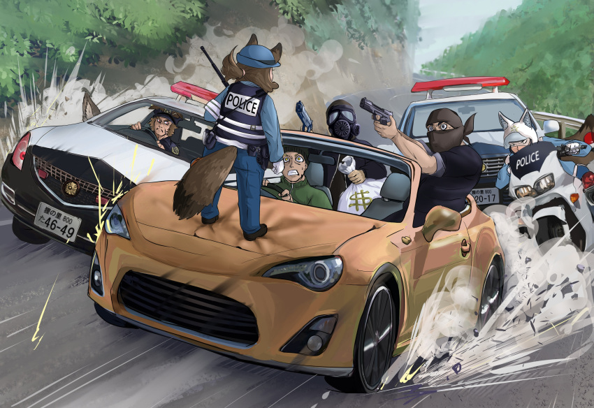 1girl 5boys aiming animal_ears bag bandanna beanie black_footwear black_hat blue_hat blue_jacket blue_pants brown_hair bulletproof_vest car car_chase clenched_hand clenched_teeth commentary_request covered_face day doitsuken dollar_sign driving facing_away frown gas_mask gloves green_jacket ground_vehicle gun handgun hat helmet highres holding holding_gun holding_weapon jacket license_plate long_sleeves looking_at_another mask motor_vehicle motorcycle motorcycle_helmet multiple_boys on_vehicle original outdoors pants pistol police police_car police_hat police_uniform policeman policewoman pouch raccoon_ears raccoon_tail railing red_eyes road sanpaku scared shoes short_hair shoulder_bag sparks standing subaru_(brand) subaru_brz surprised sweatdrop tail teeth uniform weapon white_gloves wide-eyed
