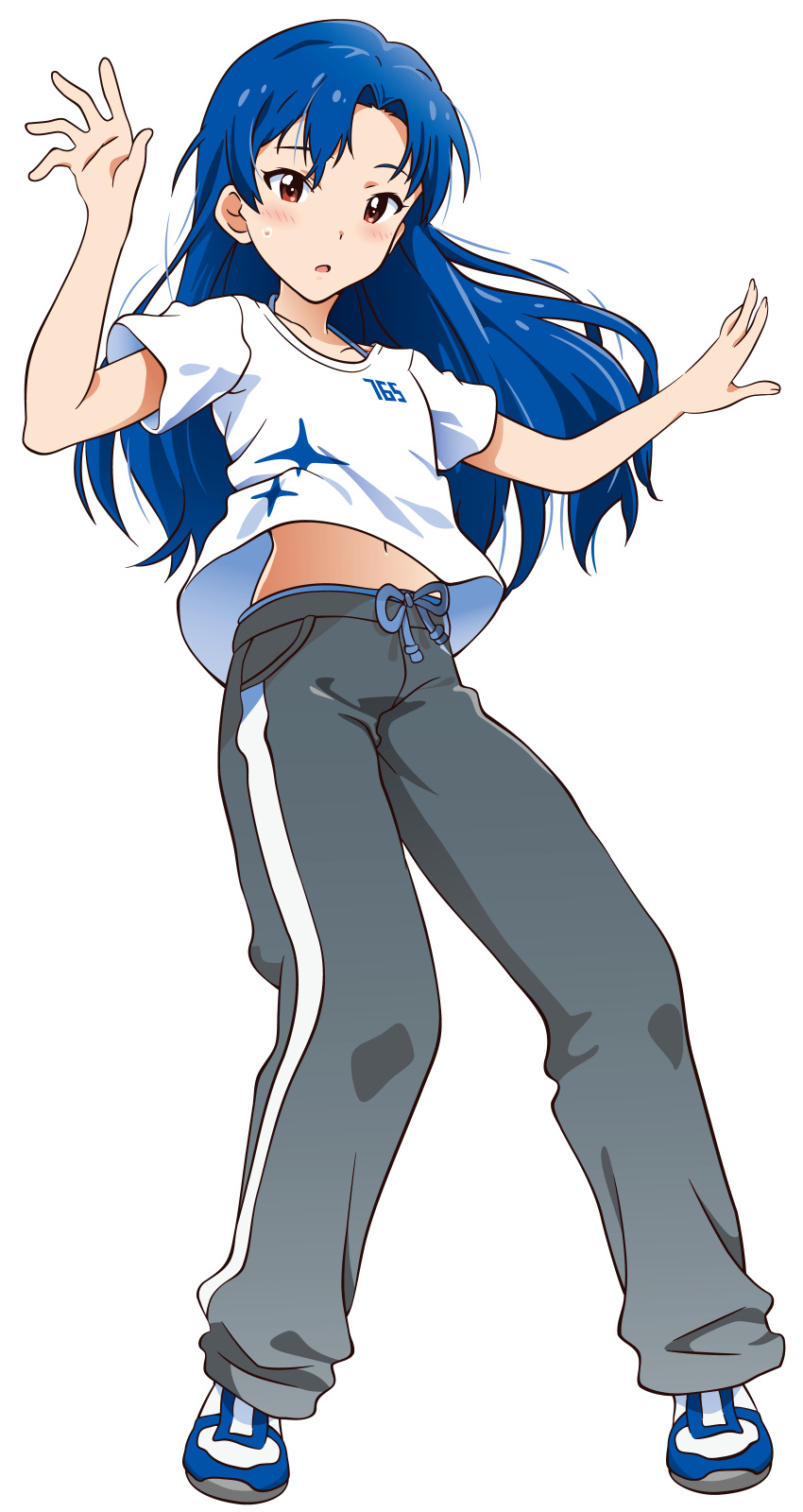 1girl absurdres akizuki_ritchan blue_hair brown_eyes cowboy_shot flat_chest highres idolmaster idolmaster_(classic) kisaragi_chihaya long_hair looking_at_viewer navel revision shirt solo t-shirt transparent_background