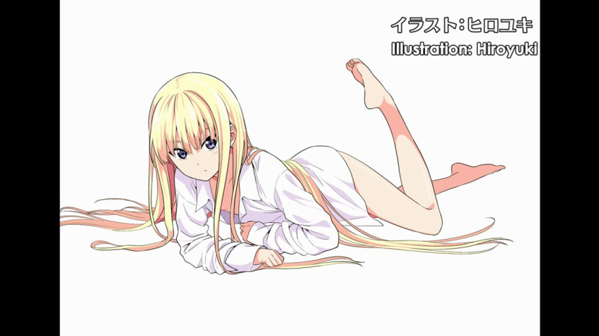 1girl artist_name barefoot blonde_hair blush breasts dress_shirt end_card evangeline_a_k_mcdowell feet frown hiroyuki long_hair long_sleeves looking_at_viewer lying mahou_sensei_negima! naked_shirt on_stomach open_clothes open_shirt oversized_clothes pillarboxed screencap shirt simple_background small_breasts solo uq_holder! very_long_hair violet_eyes white_background