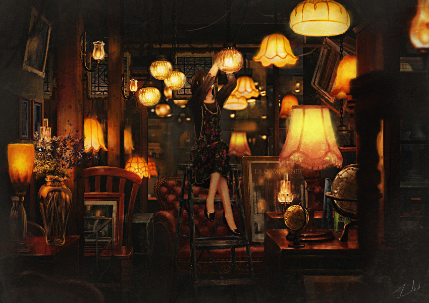 1girl arms_up black_hair blurry couch covered_face dark dress faux_traditional_media floral_print flower globe indoors ladder lamp legs_crossed looking_up mirror night oil_lamp original painting_(object) picture_frame scenery shop short_hair signature sitting solo store_clerk tamaki_(tamaki_illust) vase window