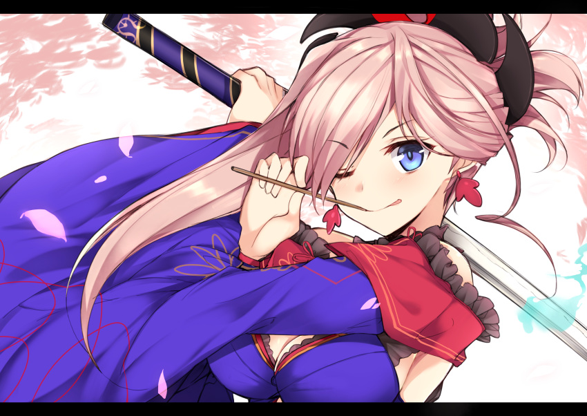 1girl :q absurdres asymmetrical_bangs bangs blue_eyes blush breasts closed_mouth detached_sleeves earrings eyebrows_visible_through_hair fate/grand_order fate_(series) frills hair_ornament hair_over_one_eye haruyuki_(yukichasoba) highres holding holding_sword holding_weapon japanese_clothes jewelry katana kimono large_breasts letterboxed long_hair looking_at_viewer miyamoto_musashi_(fate/grand_order) one_eye_closed pink_hair ponytail purple_kimono smile solo sword tongue tongue_out upper_body weapon wide_sleeves