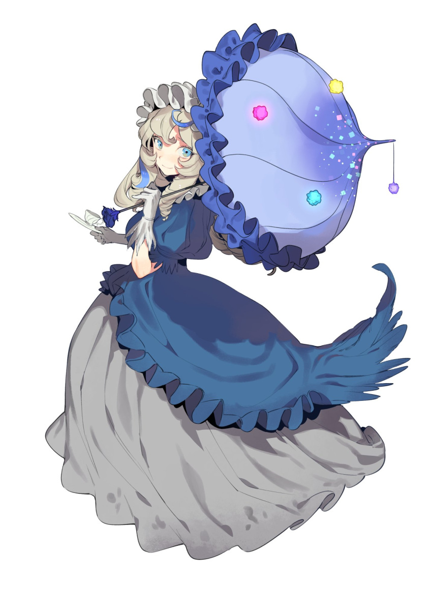 1girl amanekuu bangs blonde_hair blue_dress blue_eyes closed_mouth cup dress from_side full_body gloves highres holding holding_tray holding_umbrella layered_dress long_dress long_hair looking_at_viewer simple_background smile solo tray umbrella white_background white_gloves