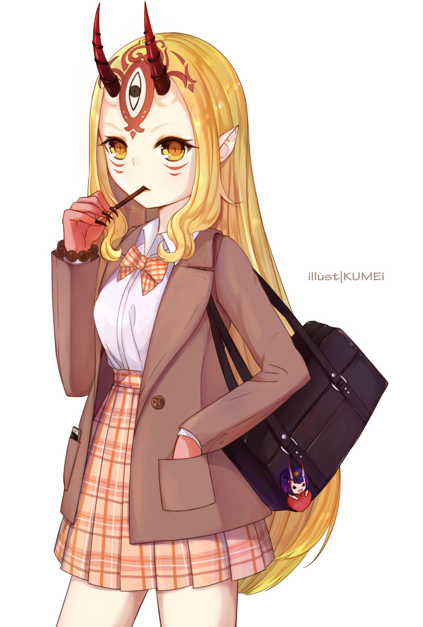 1girl artist_name bag bag_charm blonde_hair bow bowtie bracelet brown_coat character_doll charm_(object) coat collared_shirt cowboy_shot eating facial_mark fate/grand_order fate_(series) fingernails food forehead hand_in_pocket high-waist_skirt highres ibaraki_douji_(fate/grand_order) jewelry kumei long_fingernails long_hair long_sleeves looking_at_viewer oni_horns open_clothes open_coat orange_bow orange_neckwear orange_skirt pearl_bracelet plaid plaid_neckwear plaid_skirt pocky pointy_ears school_bag school_uniform sharp_fingernails shirt shuten_douji_(fate/grand_order) sidelocks simple_background skirt solo standing white_background white_shirt wing_collar yellow_eyes