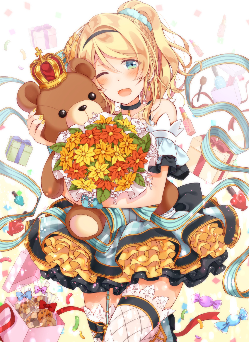 1girl ;d ayase_eli black_neckwear blonde_hair blue_eyes blush bottle bouquet box checkerboard_cookie choker confetti cookie crown dress earrings flower food frilled_dress frilled_sleeves frills garter_straps gift gift_box hair_flower hair_ornament hairband highres holding holding_stuffed_animal jewelry lace lace-trimmed_thighhighs leg_up lipstick_tube looking_at_viewer love_live! love_live!_school_idol_project makeup_brush mogu_(au1127) nail_polish one_eye_closed open_mouth perfume_bottle ponytail ribbon smile solo stuffed_animal stuffed_toy teddy_bear thigh-highs wristband yellow_nails