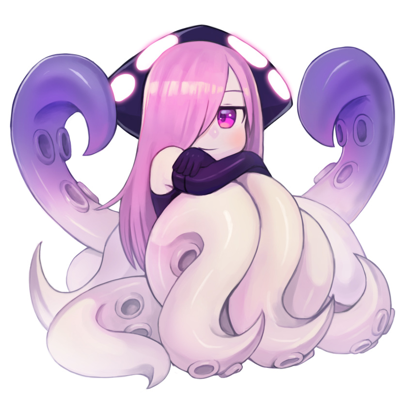 1girl black_gloves blush child closed_mouth commission crossed_arms dress elbow_gloves full_body gloves hair_over_one_eye highres kraken_(monster_girl_encyclopedia) leg_hug long_hair looking_at_viewer monster_girl monster_girl_encyclopedia one_eye_covered pink_eyes pink_hair purple_dress purple_gloves scylla simple_background sitting smile solo sookmo suction_cups tentacle white_background