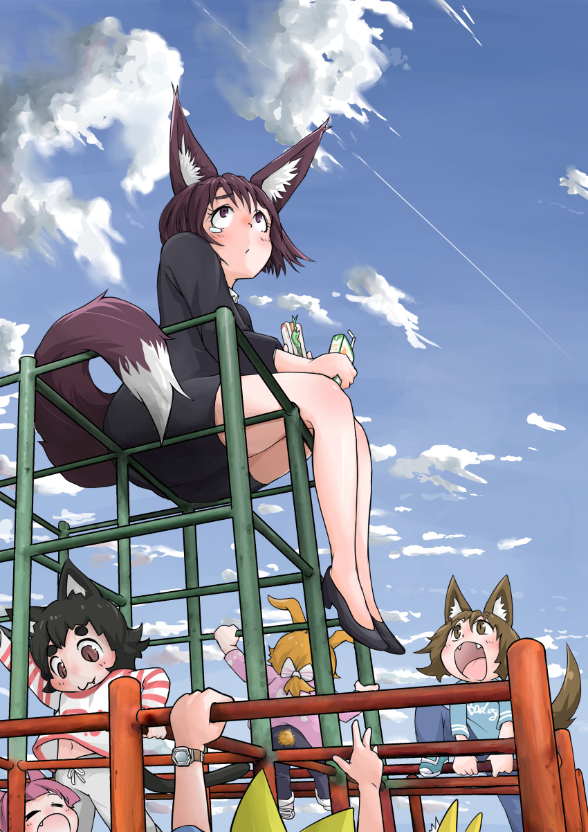 6+girls :3 :d =_= absurdres animal_ears bangs black_footwear black_hair black_jacket blonde_hair blue_pants blue_shirt blue_sky blunt_bangs blush bow brown_eyes brown_hair bunny_tail child climbing closed_eyes closed_mouth clouds cloudy_sky collared_shirt commentary_request condensation_trail day dog_ears dog_tail doitsuken drinking_straw eating eyebrows_visible_through_hair fang fangs food fox_ears fox_tail frown grey_pants hair_between_eyes hair_bow high_heels highres holding holding_food jacket juice_box long_sleeves looking_down looking_up multiple_girls open_mouth original outdoors pants pencil_skirt pink_shirt playing ponytail purple_hair rabbit_ears sad sandwich shirt short_hair sitting skirt sky slit_pupils smile tail tears watch watch white_shirt