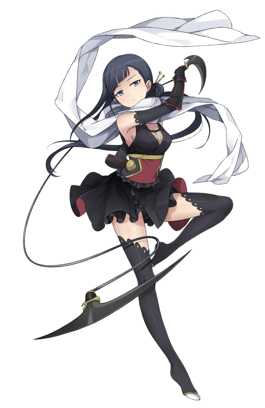 1girl bangs black_gloves black_hair black_legwear black_skirt blue_eyes blunt_bangs breasts cleavage frilled_skirt frills full_body gloves hair_ornament hair_stick hand_up highres holding holding_weapon long_hair looking_at_viewer medium_breasts no_shoes oboro_(princess_principal) official_art princess_principal princess_principal_game_of_mission scarf skirt solo standing standing_on_one_leg thigh-highs weapon white_scarf