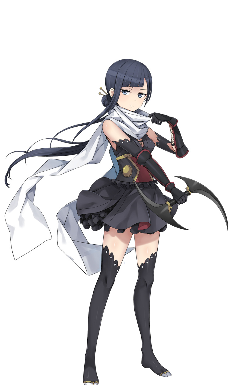 1girl bangs black_gloves black_hair black_legwear black_skirt blue_eyes blunt_bangs frilled_skirt frills full_body gloves hair_ornament hair_stick hand_up highres holding holding_weapon long_hair looking_at_viewer no_shoes oboro_(princess_principal) official_art princess_principal princess_principal_game_of_mission scarf skirt solo standing thigh-highs weapon white_scarf