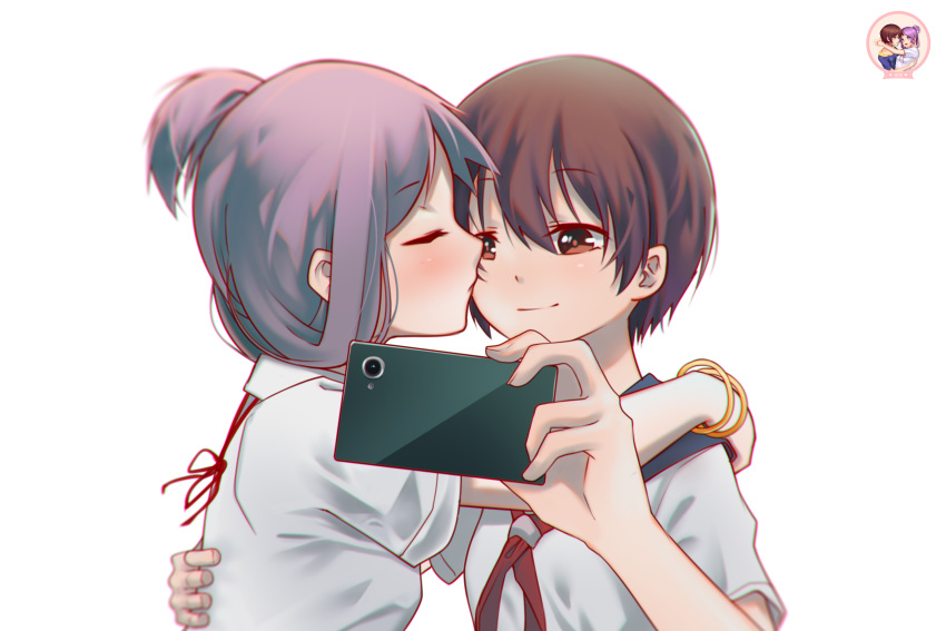 2girls arm_around_shoulder blurry brown_hair cellphone cheek_kiss closed_eyes depth_of_field highres kiss kyoukomiyanaga miyanaga_saki multiple_girls phone purple_hair revision saki school_uniform self_shot serafuku short_hair simple_background smartphone suehara_kyouko white_background yuri