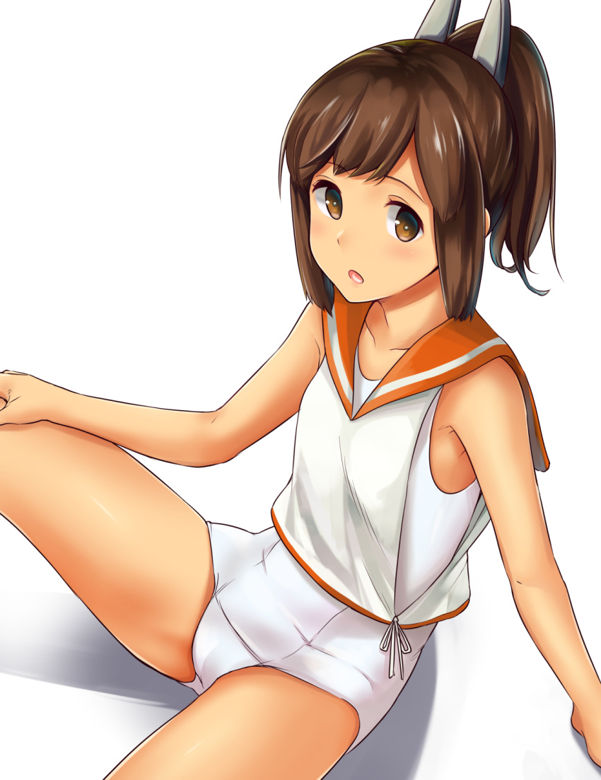 1girl :o alternate_color alternate_costume arm_support bangs bare_arms bare_legs bare_shoulders barefoot blunt_bangs blush brown_eyes brown_hair collarbone dress eyebrows_visible_through_hair hair_ornament hand_on_own_knee haregama_shiina highres i-401_(kantai_collection) kantai_collection looking_at_viewer looking_back looking_up open_mouth ponytail sailor_collar sailor_dress school_swimsuit shadow short_hair sidelocks simple_background sitting sleeveless solo swimsuit white_background white_school_swimsuit white_swimsuit