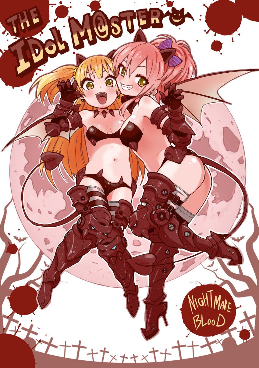 2girls :d absurdres ass bangs bare_shoulders bare_tree blonde_hair boots bow breasts claw_pose claws copyright_name cross demon_girl demon_horns demon_tail demon_wings fangs full_moon gauntlets graveyard greaves green_eyes grin hair_between_eyes hair_bow high_heel_boots high_heels highres hone_(honehone083) horns idolmaster idolmaster_cinderella_girls jougasaki_mika jougasaki_rika lipstick long_hair looking_at_viewer makeup medium_breasts moon multiple_girls navel nightmare_blood open_mouth pink_hair red_lipstick skindentation smile tail thigh-highs tree two_side_up wings