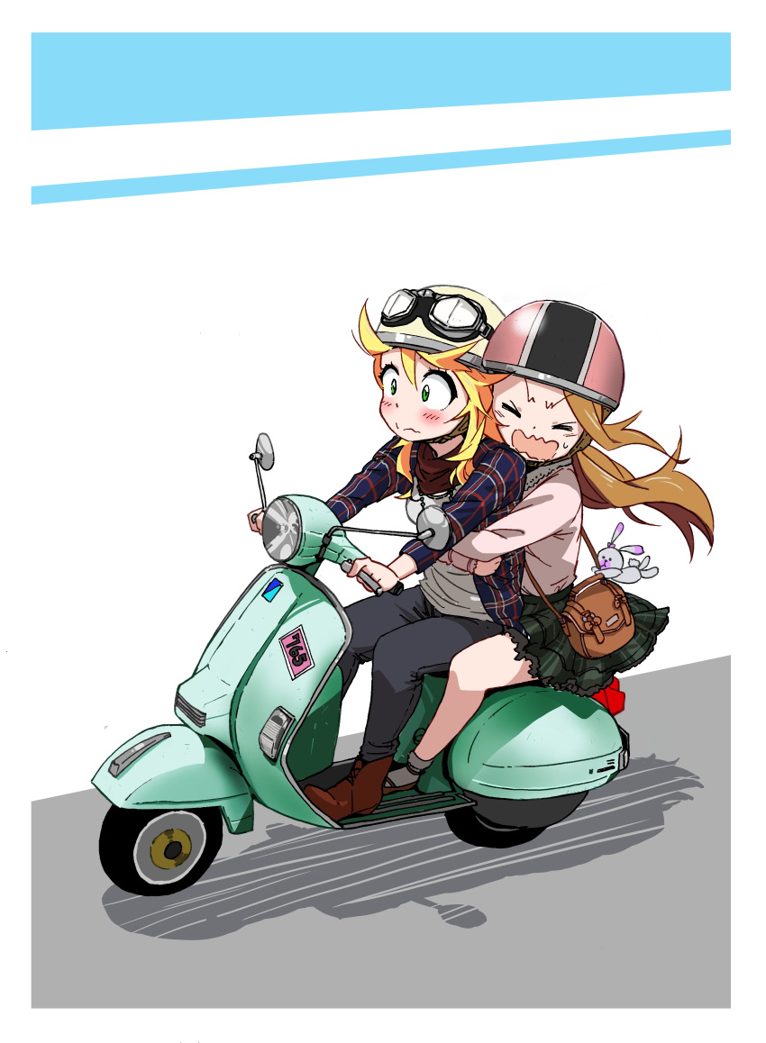&gt;_&lt; 2girls absurdres bag bangs blonde_hair blue_pants blush boots brown_hair brown_legwear closed_mouth d: driving embarrassed frown goggles goggles_on_headwear green_skirt ground_vehicle hair_between_eyes helmet highres hone_(honehone083) hoshii_miki hug hug_from_behind idolmaster jacket jewelry long_hair minase_iori motor_vehicle multiple_girls necklace open_mouth pants sanpaku scooter shadow shirt shoes shoulder_bag sitting skirt socks sticker wavy_mouth white_background