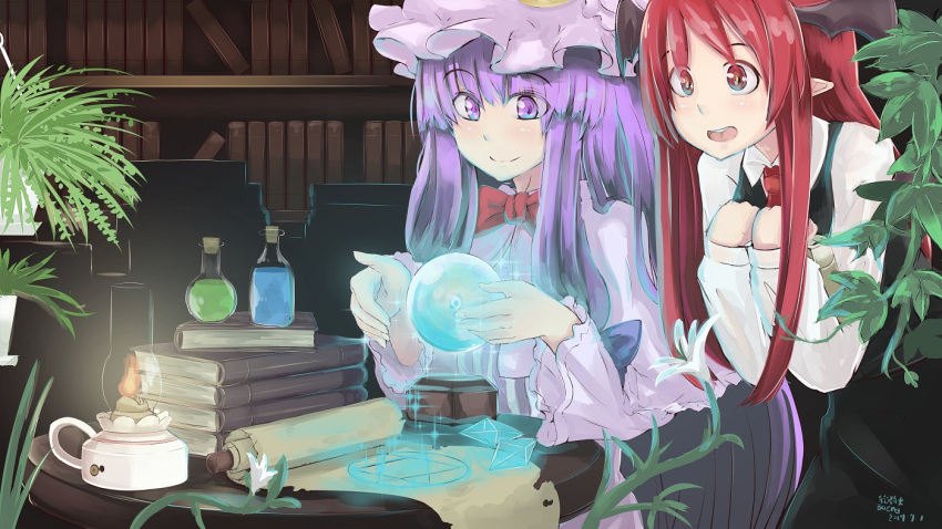 2girls b.d book bookshelf bottle commentary_request cork crystal hat head_wings hexagram koakuma lamp leaf long_hair long_sleeves magic magic_circle mob_cap multiple_girls open_mouth patchouli_knowledge plant pointy_ears potion purple_hair red_eyes redhead smile touhou violet_eyes white_flower wide_sleeves