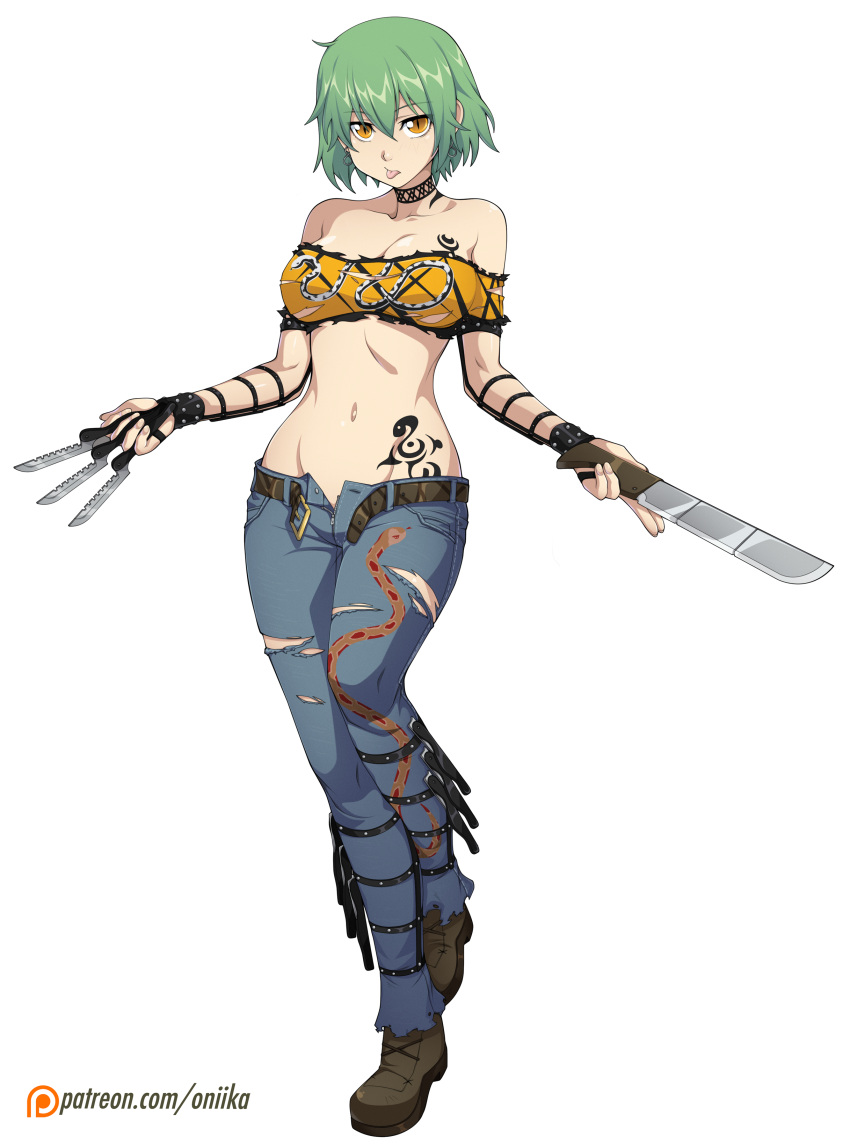 1girl :p absurdres bandeau bare_shoulders belt between_fingers bracelet breasts choker denim full_body green_hair highres hikage_(senran_kagura) jeans jewelry knife large_breasts looking_at_viewer machete midriff navel open_fly pants senran_kagura senran_kagura_(series) short_hair simple_background slit_pupils solo spike_wible strapless tattoo throwing_knife tongue tongue_out torn_clothes torn_jeans unbuckled_belt vambraces weapon white_background yellow_eyes