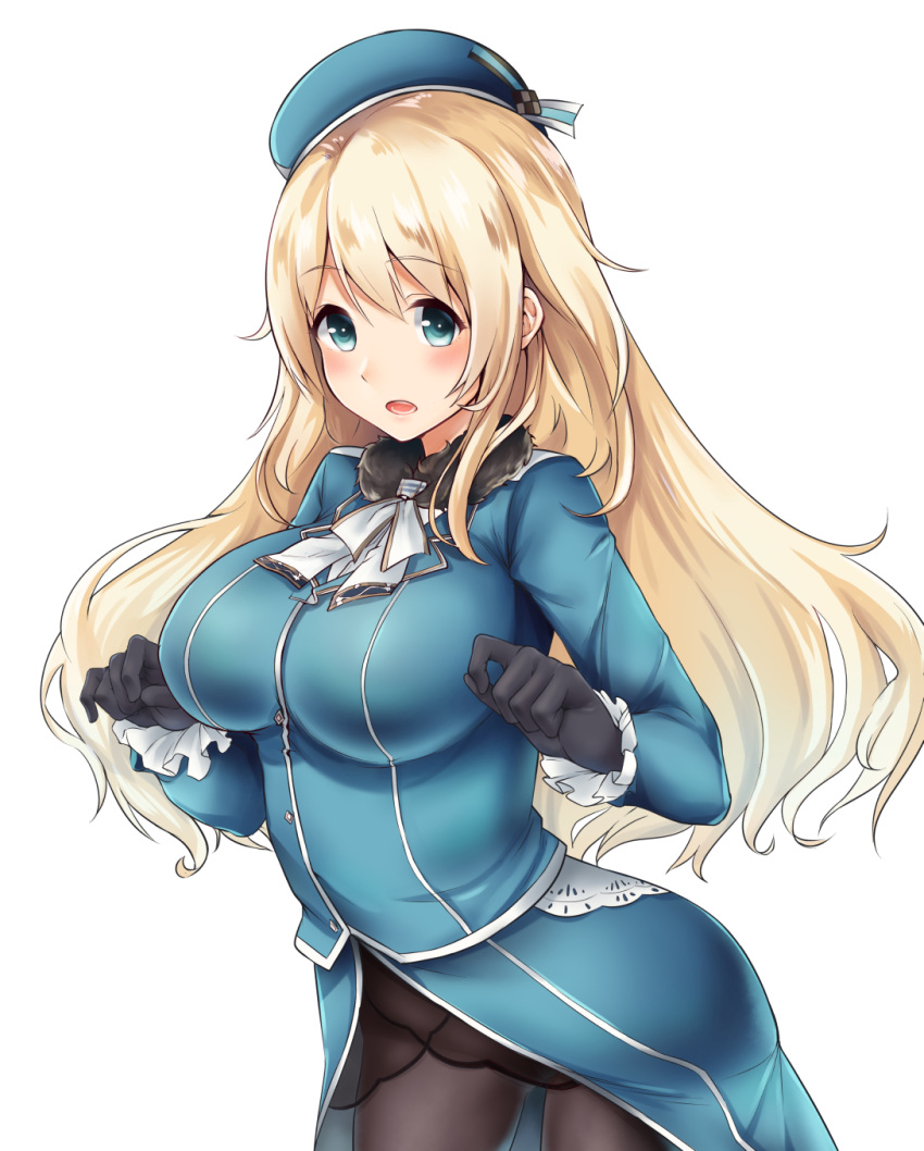 1girl atago_(kantai_collection) beret black_gloves black_legwear blonde_hair blue_eyes breasts gloves haregama_shiina hat highres kantai_collection large_breasts long_hair long_sleeves military military_uniform open_mouth pantyhose simple_background solo uniform white_background