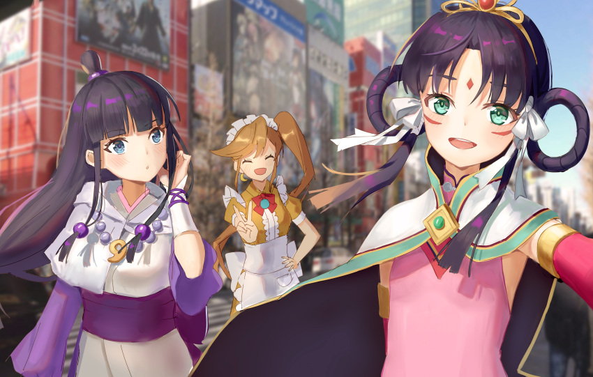 3girls :d absurdres alternate_costume apron ayasato_mayoi black_hair blue_eyes blue_sky blurry blurry_background blush cape city closed_eyes day earrings enmaided facepaint facial_mark forehead_mark green_eyes gyakuten_saiban gyakuten_saiban_6 hair_rings hand_up highres japanese_clothes jewelry kizuki_kokone long_hair magatama maid maid_apron maid_headdress multiple_girls open_mouth orange_hair outdoors pose rayfa_padma_khura'in side_ponytail sky smile standing v yuhuan