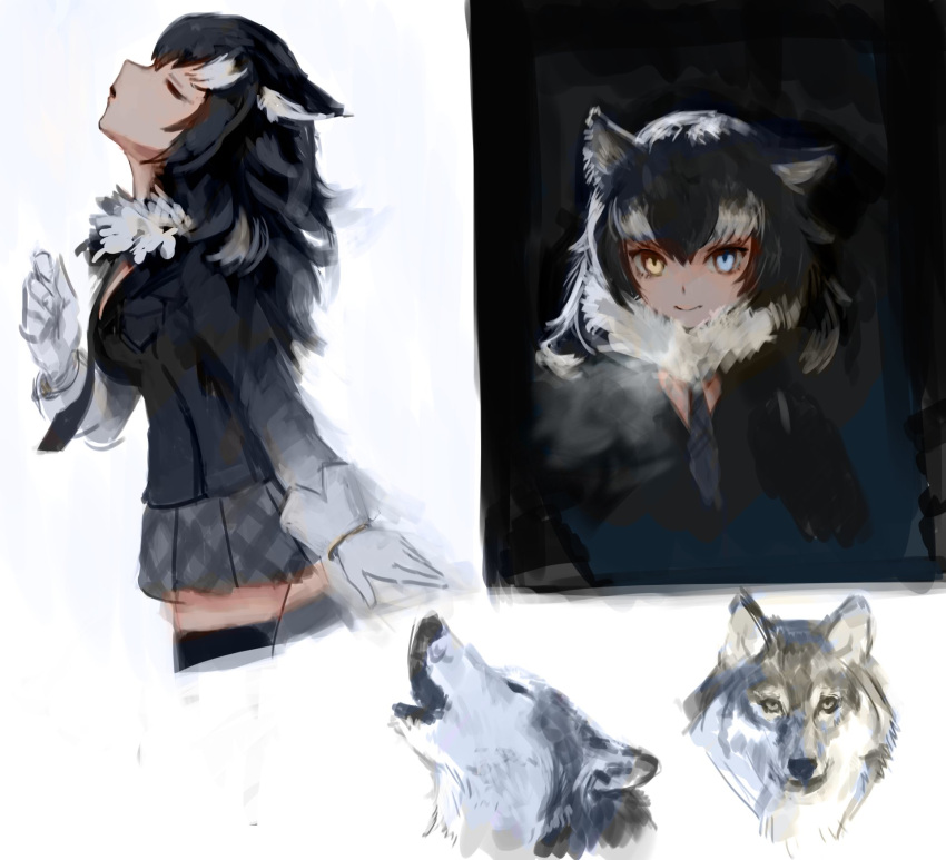1girl animal_ears bangs black_hair black_legwear black_neckwear blue_eyes breast_pocket breasts closed_eyes closed_mouth commentary_request fur_collar gloves grey_skirt grey_wolf grey_wolf_(kemono_friends) hand_up heterochromia highres howling kemono_friends large_breasts long_hair long_sleeves multiple_views necktie parted_lips pleated_skirt pocket skirt smile standing thigh-highs treeware white_gloves wolf wolf_ears yellow_eyes