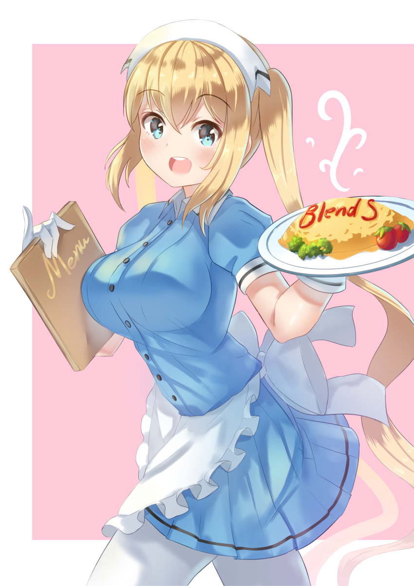 1girl :d absurdres apron blend_s blonde_hair blue_dress blue_eyes blush breasts cherry_tomato collared_dress commentary_request copyright_name dress english eyebrows_visible_through_hair food frilled_apron frills from_side gloves hair_between_eyes highres hinata_kaho holding holmemee ketchup large_breasts long_hair looking_at_viewer menu omurice open_mouth pantyhose pink_background pinky_out plate puffy_short_sleeves puffy_sleeves short_sleeves smile solo twintails very_long_hair waist_apron waitress white_apron white_gloves white_legwear