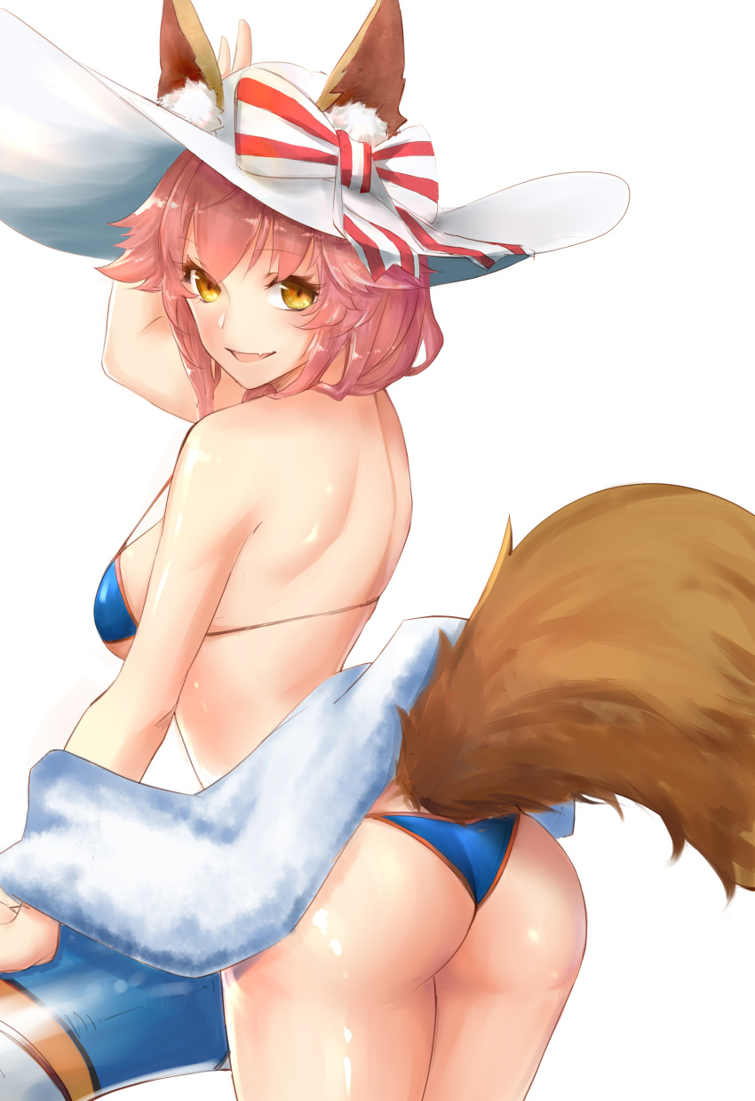1girl absurdres animal_ears ass bikini blue_bikini blush breasts ears_through_headwear fate/extra fate/extra_ccc fate/grand_order fate_(series) fox_ears fox_tail hat highres innertube large_breasts long_hair looking_at_viewer open_mouth pink_hair simple_background solo swimsuit tail tamamo_(fate)_(all) tamamo_no_mae_(swimsuit_lancer)_(fate) white_background yellow_eyes zombcx
