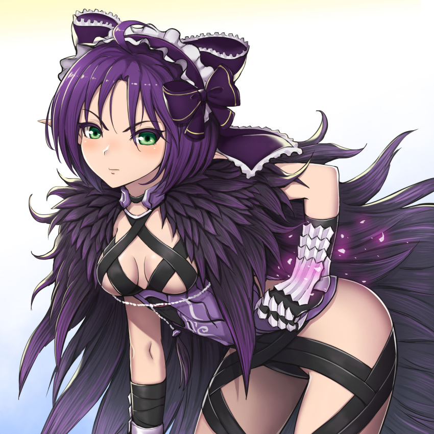 1girl ahoge bent_over breasts character_request cleavage commentary_request gauntlets green_eyes hairband highres lolita_hairband long_hair looking_at_viewer phantasy_star phantasy_star_online_2 purple_hair solo yuki7128