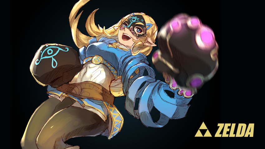 1girl arms_(game) black_background black_legwear blonde_hair blue_eyes boxing_gloves breasts character_name crossover ct_wind domino_mask hair_ornament hairclip highres looking_at_viewer mask open_mouth pointy_ears princess_zelda simple_background smile solo the_legend_of_zelda triforce