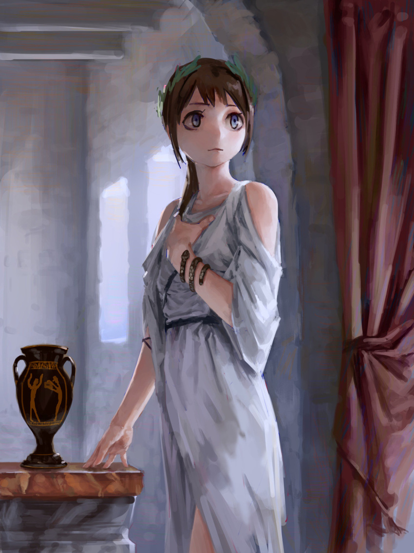 1girl absurdres bangs bare_shoulders blue_eyes bracelet brown_hair closed_mouth curtains day hand_on_own_chest hand_on_table highres indoors jewelry laurel_crown long_hair original ponytail roman_clothes solo standing toga treeware vase