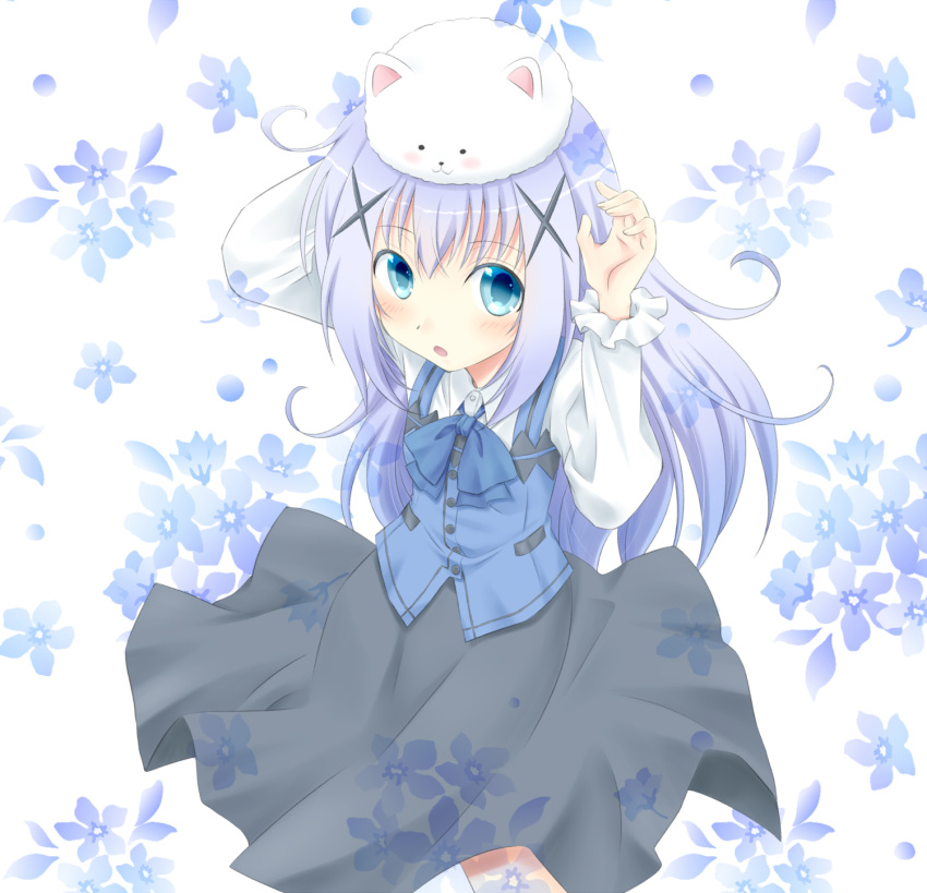 1girl :o angora_rabbit animal animal_on_head arms_up bangs black_skirt blue_eyes blue_neckwear blue_vest blush bow bowtie bunny_on_head buttons collared_shirt commentary_request eyebrows_visible_through_hair flat_chest floral_background foreshortening from_above gochuumon_wa_usagi_desu_ka? hair_ornament hairclip highres kafuu_chino komiru light_blue_hair long_hair looking_at_viewer on_head open_mouth rabbit rabbit_house_uniform shirt sidelocks skirt standing tippy_(gochiusa) two-tone_background vest white_shirt wing_collar x_hair_ornament