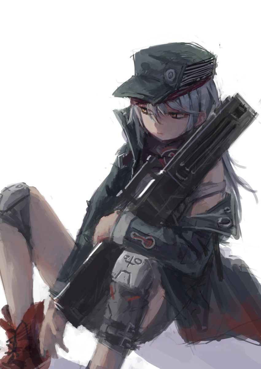 1girl absurdres between_legs boots closed_mouth cyborg feet_out_of_frame grey_hair gun hair_between_eyes hand_between_legs hat high_collar highres holding holding_gun holding_weapon jacket jacketh long_sleeves looking_to_the_side mechanical_legs off_shoulder red_footwear rifle sitting solo treeware weapon yellow_eyes