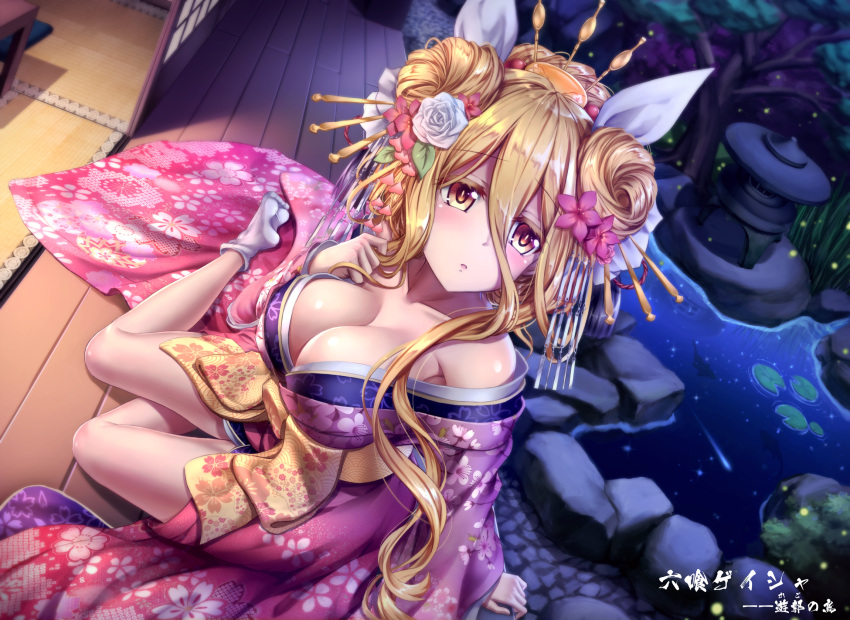 1girl :o arm_support bare_legs bare_shoulders blonde_hair blush breasts cleavage commentary commentary_request date_a_live fireflies floral_print flower full_body hair_between_eyes hair_bun hair_flower hair_ornament hair_ribbon highres hoshimiya_mukuro japanese_clothes kimono large_breasts long_hair looking_at_viewer looking_up night obi off_shoulder on_ground outdoors pink_flower pond reflection ribbon sash shooting_star sitting sky solo star_(sky) starry_sky tatami tsubasaki water white_flower white_ribbon yellow_eyes