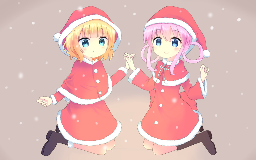 2girls :o bangs black_footwear blonde_hair blue_eyes blunt_bangs blush boots brown_background capelet christmas closed_mouth commentary_request crossover dress eyebrows_visible_through_hair fur-trimmed_boots fur-trimmed_capelet fur-trimmed_dress fur-trimmed_hat fur_trim gochuumon_wa_usagi_desu_ka? hair_rings hand_holding hat highres interlocked_fingers kirima_sharo long_hair long_sleeves looking_at_viewer multiple_girls parted_lips pink_hair red_capelet red_dress red_hat santa_costume santa_hat sherlock_shellingford short_hair simple_background smile snow tantei_opera_milky_holmes y_mazun