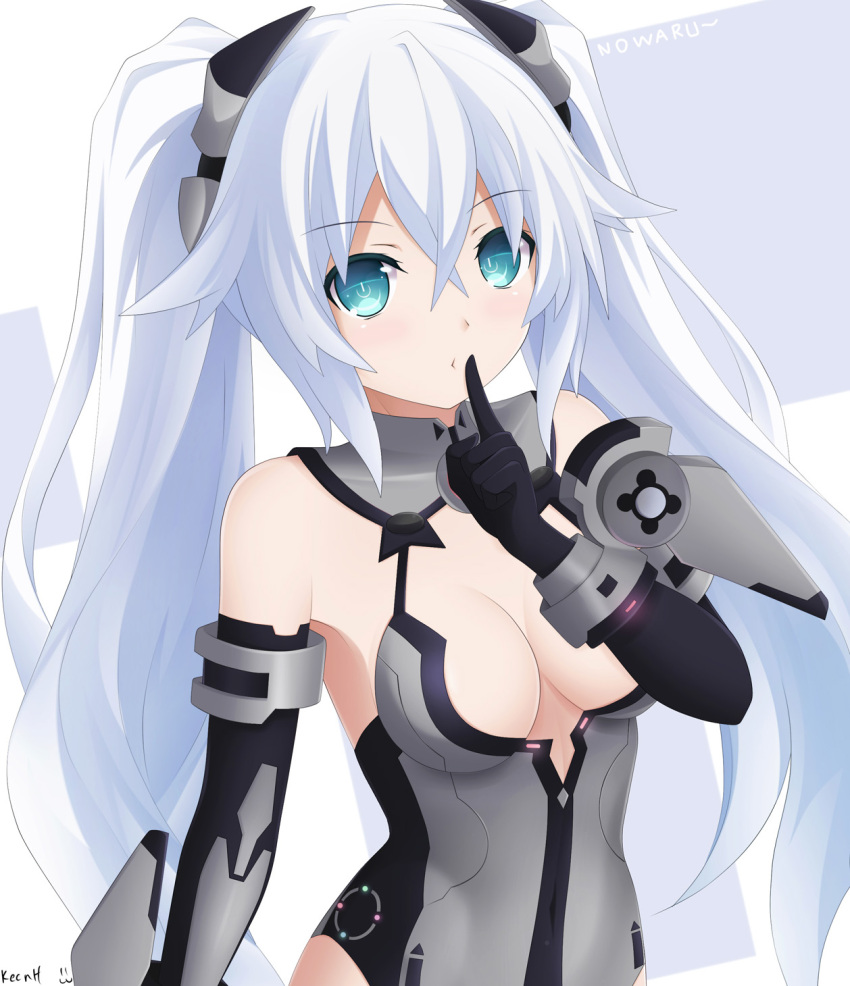 1girl bare_shoulders black_heart blue_eyes blush breasts cleavage elbow_gloves finger_to_mouth gloves highres keenh long_hair looking_at_viewer neptune_(series) solo symbol-shaped_pupils twintails very_long_hair white_hair