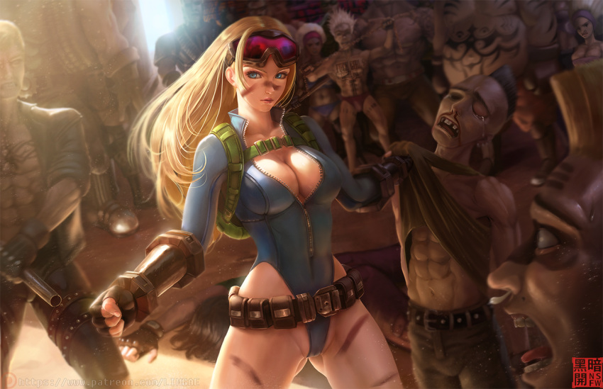 alternate_costume blonde_hair breasts cammy_white cleavage crowd goggles goggles_on_head leotard limgae looking_at_viewer mohawk solo_focus street_fighter street_fighter_v tattoo unzipped