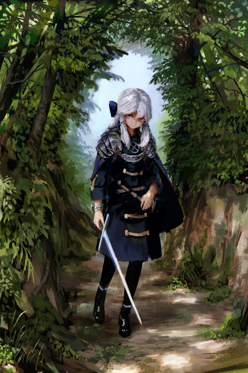 1girl armor armored_dress bangs black_legwear blue_dress blue_eyes blue_ribbon boots bracelet cape closed_mouth day dress forest gorget grass hair_ribbon highres holding holding_sword holding_weapon jewelry long_hair long_sleeves looking_away looking_to_the_side nature outdoors pantyhose path plant ribbon road smile solo spaulders standing sword tree treeware weapon white_hair
