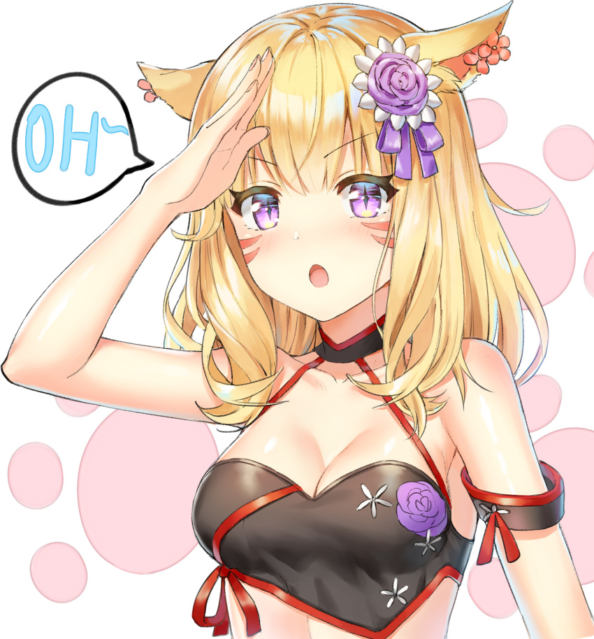 &gt;:o 1girl 5ya :o animal_ears armlet bangs bare_shoulders blonde_hair blush breasts cat_ears choker cleavage commentary_request crop_top eyebrows_visible_through_hair facial_mark final_fantasy final_fantasy_xiv flower hair_flower hair_ornament highres looking_at_viewer medium_breasts miqo'te parted_lips salute slit_pupils solo speech_bubble upper_body violet_eyes