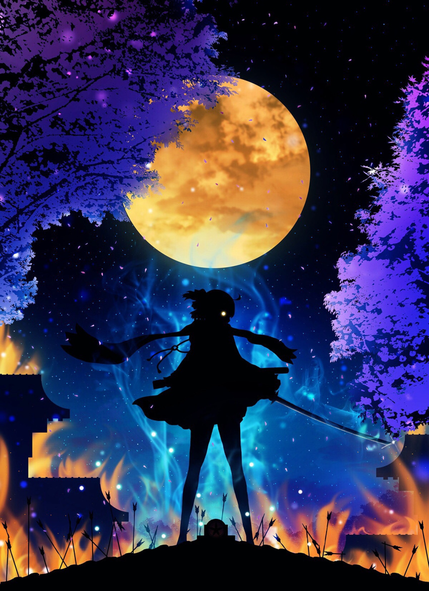 1girl ahoge architecture arrow commentary_request east_asian_architecture fate_(series) fire full_moon harada_miyuki highres holding holding_sword holding_weapon koha-ace legs_apart moon night night_sky profile sakura_saber scarf silhouette sky solo standing star_(sky) starry_sky sword tree weapon