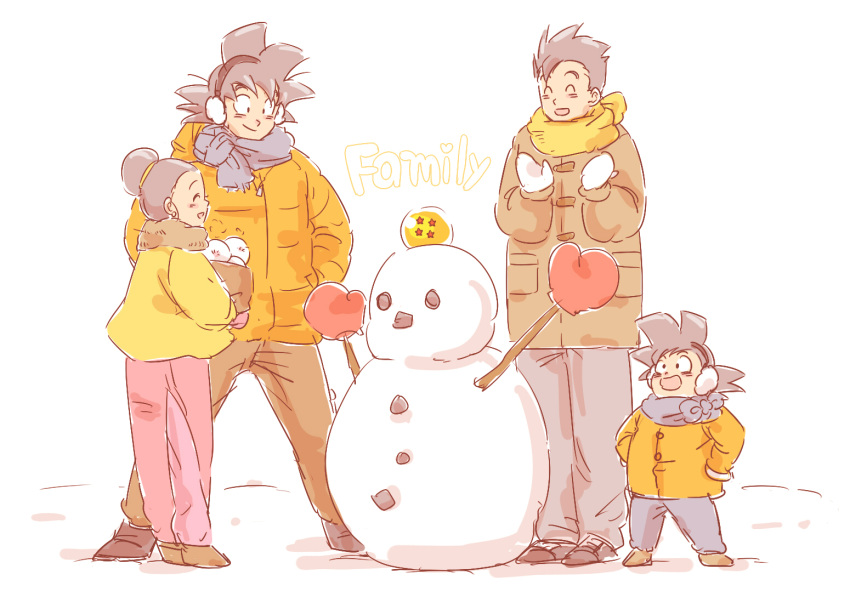 1girl 3boys black_eyes black_hair brothers chi-chi_(dragon_ball) closed_eyes dragon_ball dragon_ball_(object) dragonball_z earmuffs family father_and_son gloves happy miiko_(drops7) mother_and_son multiple_boys open_mouth scarf siblings simple_background smile snow snowman son_gohan son_gokuu son_goten stick text white_background winter_clothes